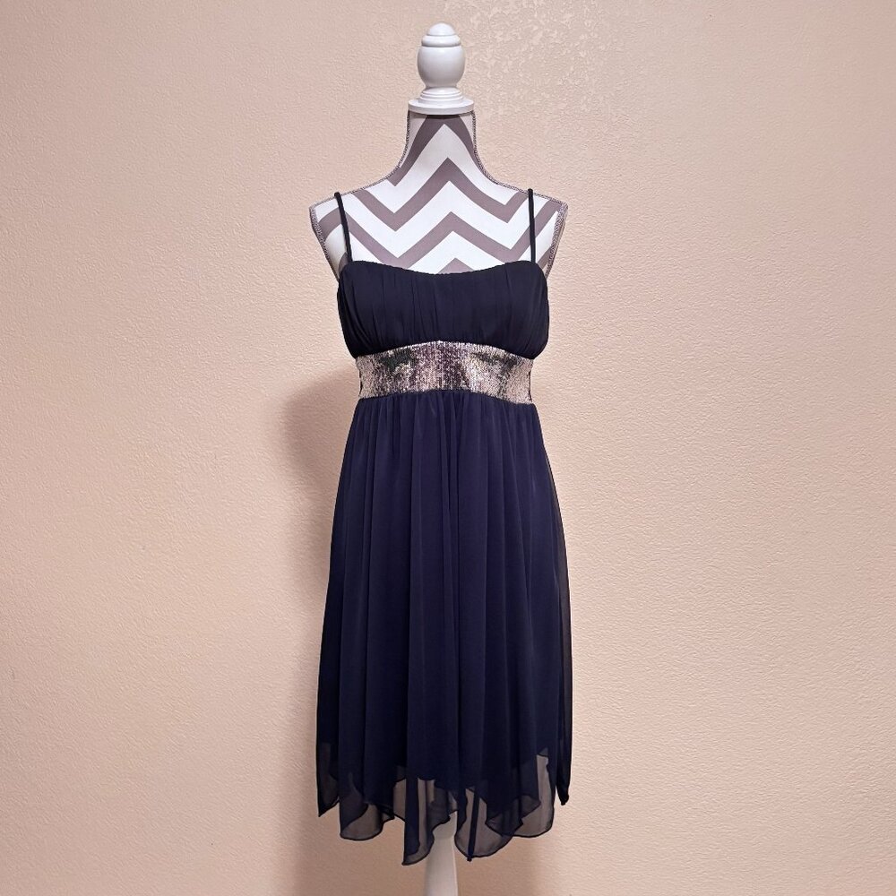 City Triangles Navy Chiffon Sequin Empire Waist Cocktail Dress – Medium